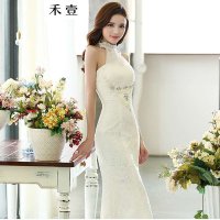 禾壹 2015春装新款女装时尚修身欧根纱蕾丝烫钻连衣裙礼服敬酒服新娘服回门装长裙