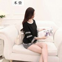 禾壹 2015秋装新款女士套装 甜美休闲七分袖针织上衣短裤两件套 喇叭袖套装裤