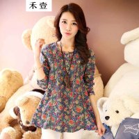 禾壹 2015秋装新款女装韩版时尚宽松碎花纯棉中长款雪纺衫 女士上衣