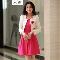 禾壹 2015秋装新款女装韩版时尚套装修身印花套装裙 无袖背心裙 小外套两件套