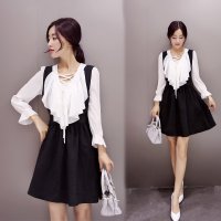 禾壹 2015秋装新款韩版时尚修身气质显瘦女士套装 背带裙 雪纺衫两件套 套装裙