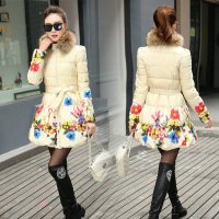 禾壹 棉服女 棉袄2015冬装新款韩版时尚修身显瘦碎花裙摆中长款棉衣外套 配真毛领