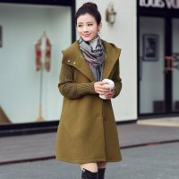 禾壹 2015冬装新款时尚女装 大翻领休闲连帽气质收腰女士呢子大衣 中长款羊毛呢外套
