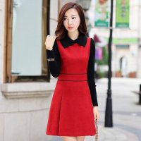 禾壹 2015冬装新款时尚韩版女装 针织袖毛呢连衣裙假两件套