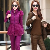 禾壹 2015冬装新款时尚韩版女士羽绒服三件套 獭兔毛蕾丝拼接羽绒服马甲 打底衫 羽绒裤 真毛领甜美套装裤