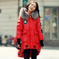 禾壹 真毛领连帽中长款A字版徽章潮流图案羽绒服女 2015冬装新款时尚韩版女装狐狸毛羽绒衣 外套
