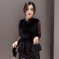 禾壹 2015冬装新款时尚气质修身淑女蕾丝打底衫 兔毛背心两件套