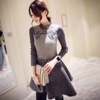 禾壹 2015冬装新款时尚韩版女装气质修身蕾丝串珠连衣裙 打底裙