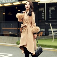 禾壹 2015冬装新款时尚女装 甜美气质修身不规则中长款女士毛呢大衣 呢子外套