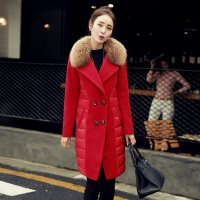 禾壹 2015冬装新款时尚女装 甜美气质修身貉子毛中长款女士毛呢外套 羽绒拼接真毛领呢子大衣