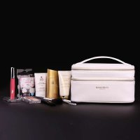 韩国双层化妆包 十字纹PU多功能化妆包带插袋化妆箱