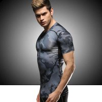 虎迹迷彩紧身衣弹力快干透气训练服田径跑步骑行篮球短袖T恤 HJ18004黑色迷彩