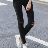 x.yfuns女装秋季新品水洗破洞黑色打底裤