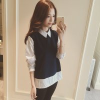 X.Yfuns唯美条纹假两件拼接翻领衬衫