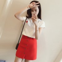 X.Yfuns爱心白色T恤+红色包臀短裙套装