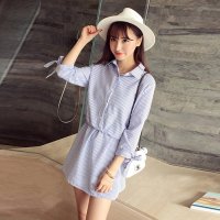 X.Yfuns 清新条纹蝴蝶结袖衬衣连衣裙