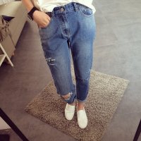 X.Yfuns 破洞修身蓝色牛仔裤