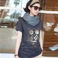 X.Yfuns 亮亮猫头鹰图案深灰色T恤