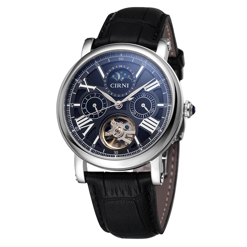 西亚尼cirni手表男自动机械男表精钢防水时尚男士镂空机械表钢带皮带
