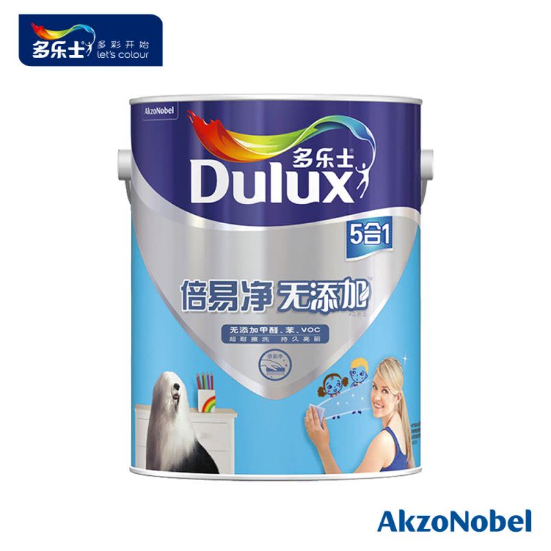 多乐士倍易净无添加五合一墙面漆无甲醛添加环保乳胶漆超强耐擦洗白色可调色涂料A622/5L图片