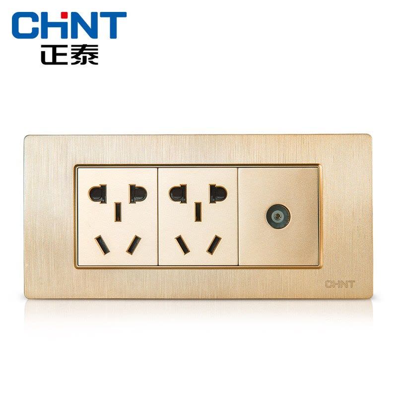 正泰(CHNT)电源插座118型PVC材质NEW5D拉丝金三位二插电视插座面板图片