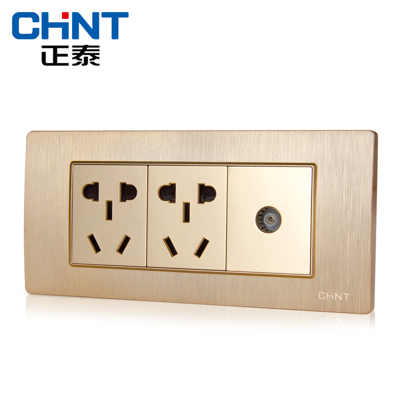 正泰(CHNT)电源插座118型PVC材质NEW5D拉丝金三位二插电视插座面板