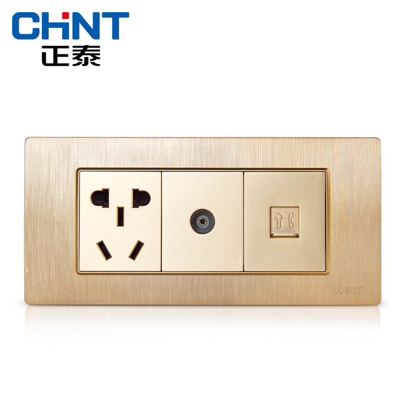 正泰(CHNT)电工118型PVC材质NEW5D拉丝金三位一插电视电话电源插座面板
