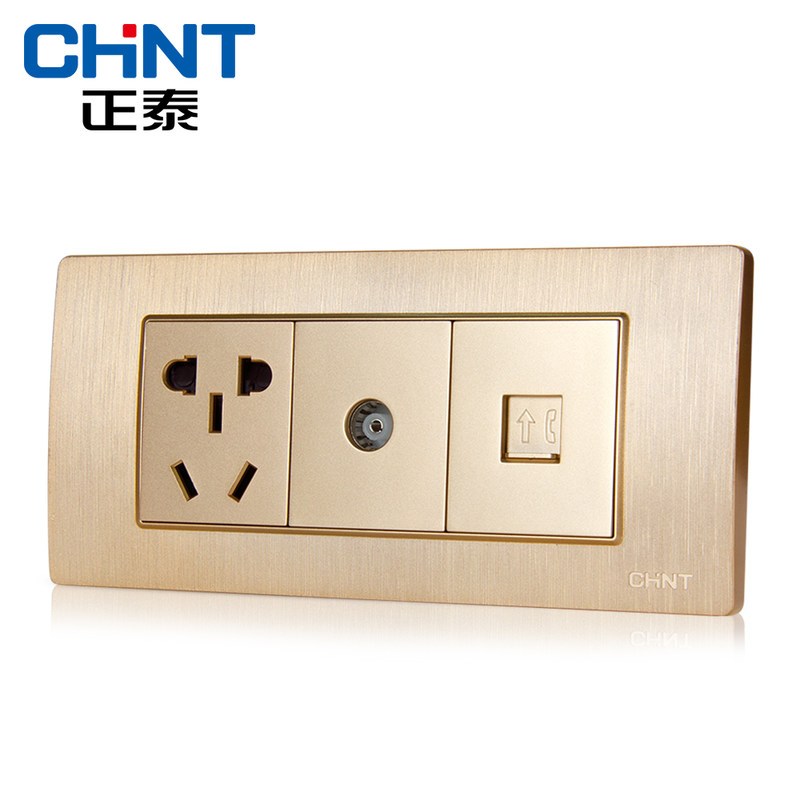正泰(CHNT)电工118型PVC材质NEW5D拉丝金三位一插电视电话电源插座面板