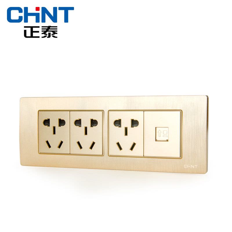 正泰(CHNT)118型电源插座NEW5D拉丝金PVC材质四位三插电脑插座面板图片