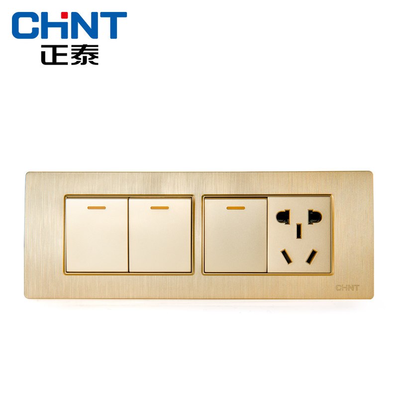 正泰118型开关插座5D拉丝金内嵌钢架四位三开双一插开关插座