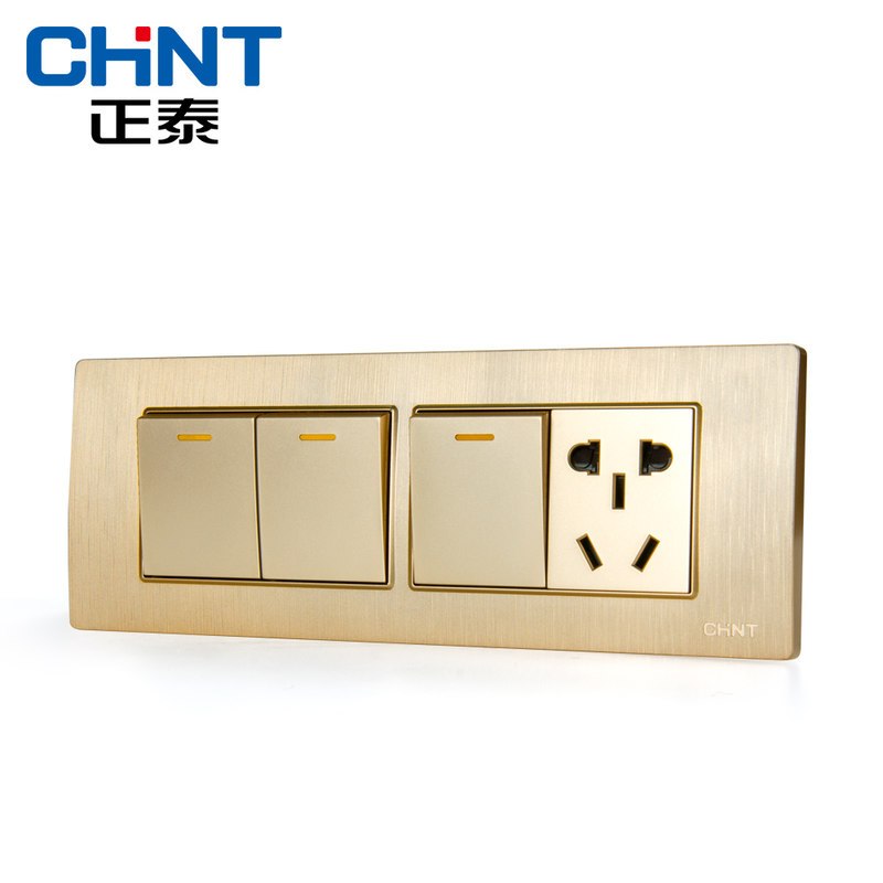 正泰118型开关插座5D拉丝金内嵌钢架四位三开双一插开关插座