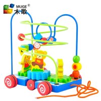 木歌1-2岁婴幼儿宝宝玩具 木质玩具拖拉小车绕珠学步绕珠