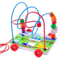 小硕士1-2岁婴幼儿宝宝交通图案拖拉绕珠串珠 拖拉玩具学步玩具 木质木制玩具