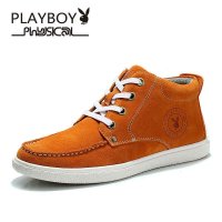 花花公子秋季新款男士高帮鞋反绒皮板鞋子圆头系带男鞋运动休闲鞋 36234