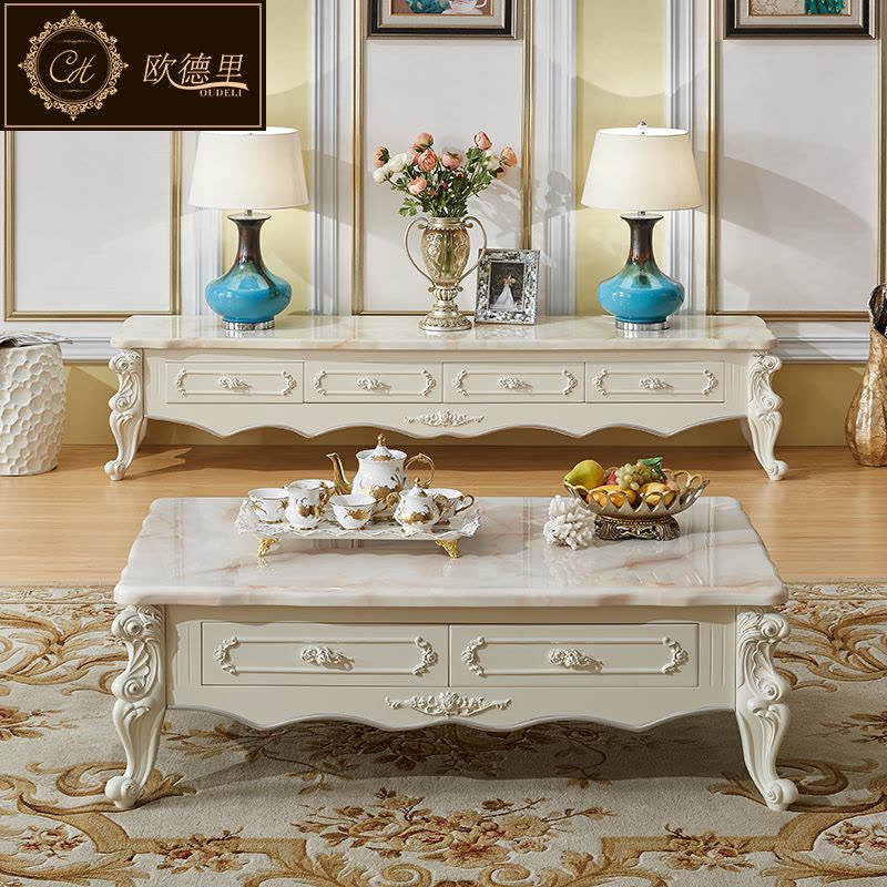 欧德里 欧式电视柜大理石面客厅简欧卧室象牙白电视机柜茶几组合图片