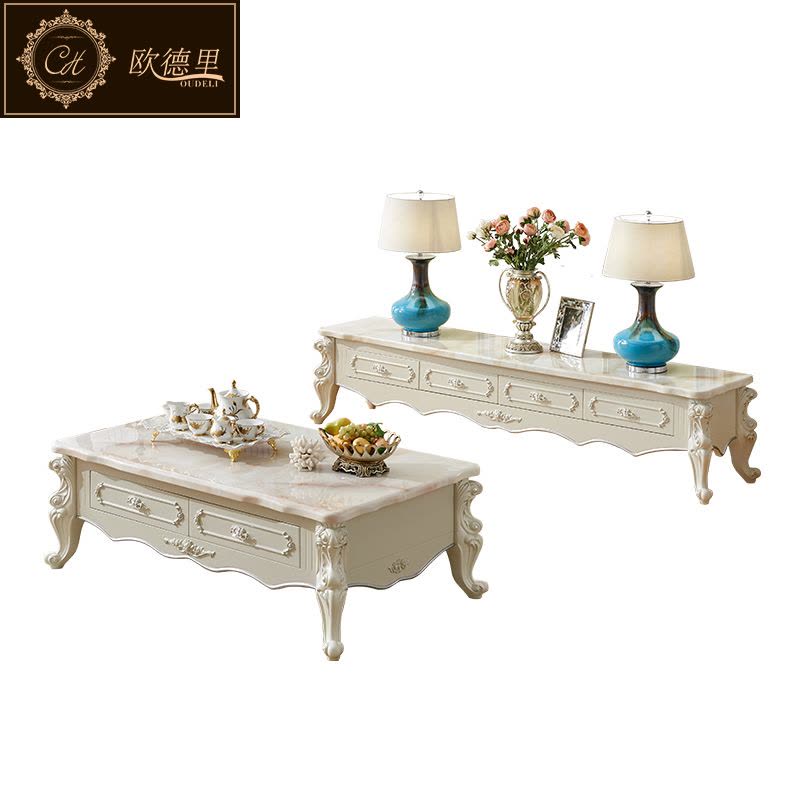 欧德里 欧式电视柜大理石面客厅简欧卧室象牙白电视机柜茶几组合图片