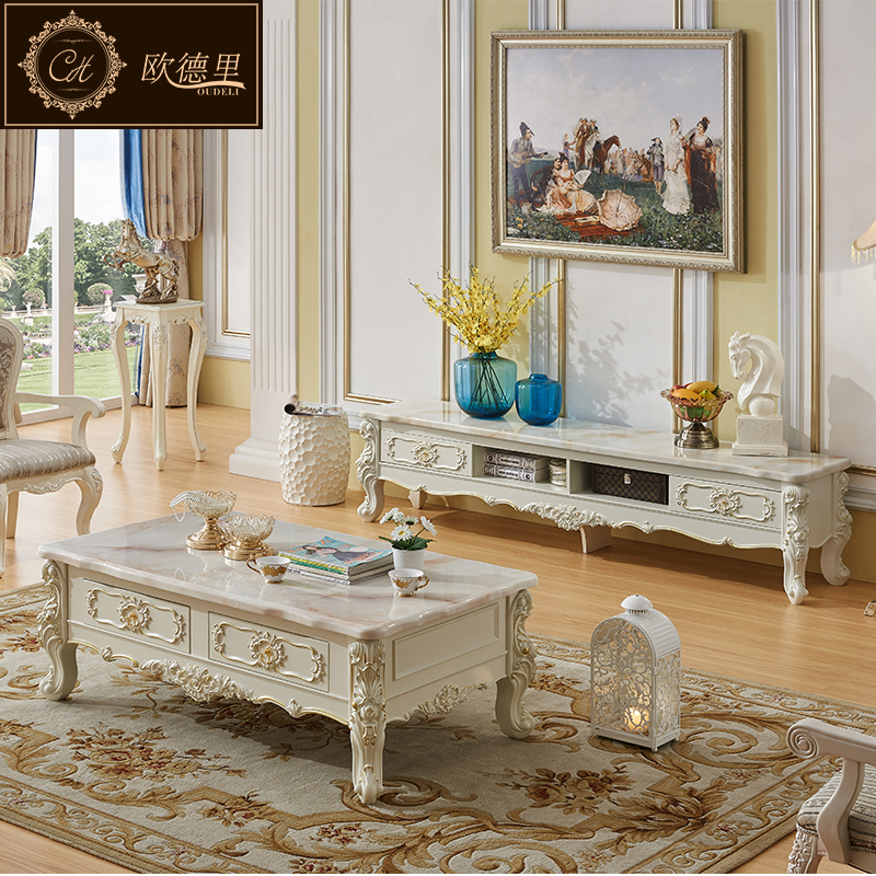 欧德里 欧式电视柜大理石面客厅简欧象牙白电视机柜茶几组合