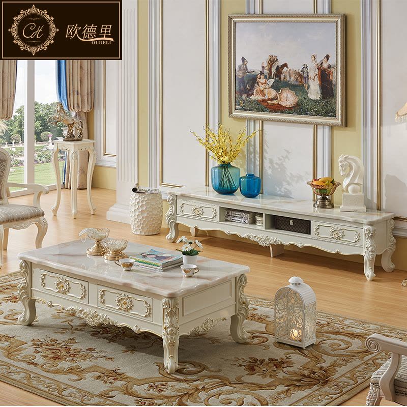 欧德里 欧式电视柜大理石面客厅简欧象牙白电视机柜茶几组合图片
