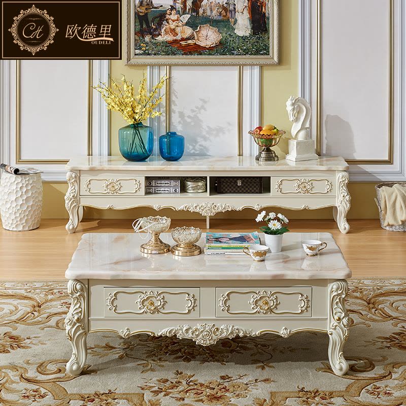 欧德里 欧式电视柜大理石面客厅简欧象牙白电视机柜茶几组合图片