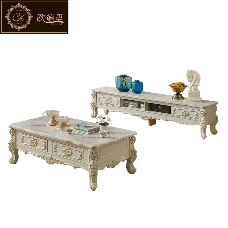 欧德里 欧式电视柜大理石面客厅简欧象牙白电视机柜茶几组合图片