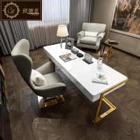 后现代轻奢书桌简约办公桌写字台烤漆时尚卧室不锈钢镀钛金电脑桌