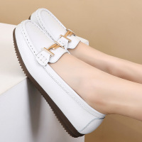 策霸真皮平底浅口休闲鞋一脚蹬豆豆鞋软底中年妈妈鞋轻便牛筋底女单鞋