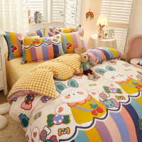 策霸加厚卡通牛奶绒床上四件套珊瑚法兰绒被套双面加绒床单床笠三件套