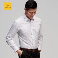 虎豹2018春季新品男士条纹长袖衬衫商务休闲条白尖领合身男装衬衫