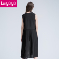 Lagogo/拉谷谷纯色V领背心外套百褶拼接马甲女中长款