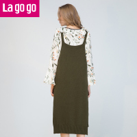 Lagogo2017年秋季新款针织背带前短后长连衣裙女中长款吊带裙子