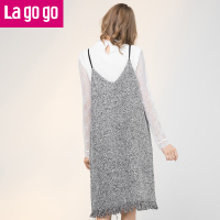 Lagogo/拉谷谷年时尚个性V领拉链连衣裙GCLL169C32