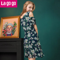 Lagogo碎花圆领短袖连衣裙女裙子中长款收腰显瘦裙子