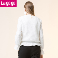 Lagogo2017年冬季新款小香风白色甜美圆领喇叭袖打底衫上衣女宽松