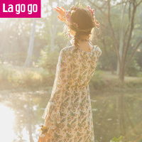 Lagogo2018春夏新款喇叭袖高腰九分袖连衣裙女装碎花雪纺仙女裙子